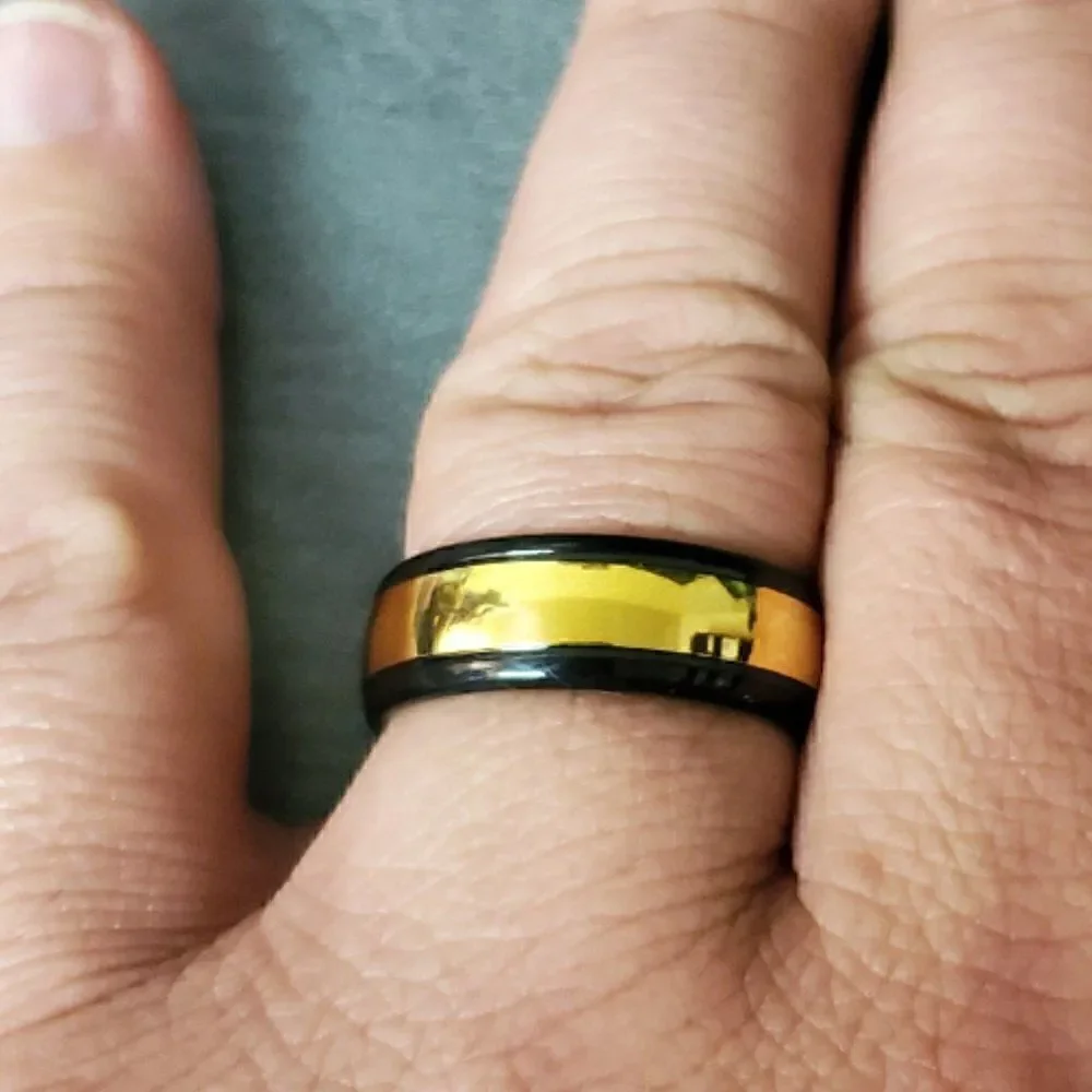 Personalized Engraved Engraved Men's 14K Gold and Black Tungsten Wedding Ring